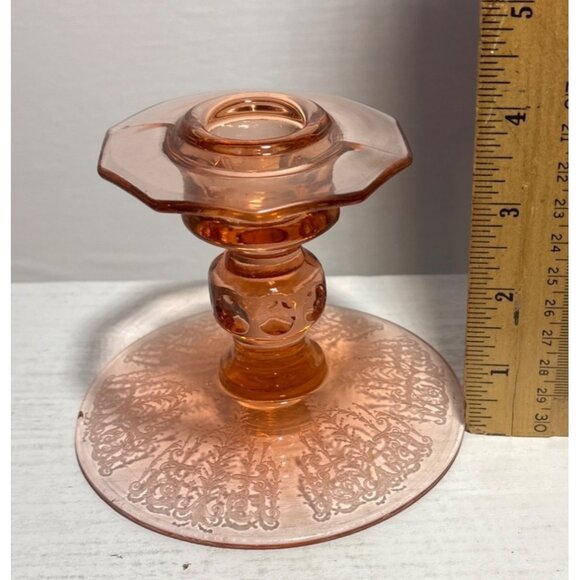 Pink Depression Candle Holder 4" Tall Etched Design Glass Vintage - Picture 8 of 10